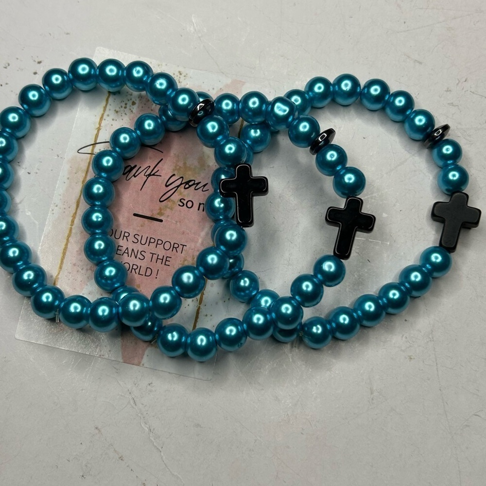 Blue Beaded Cross Bracelet Set (set of 3)